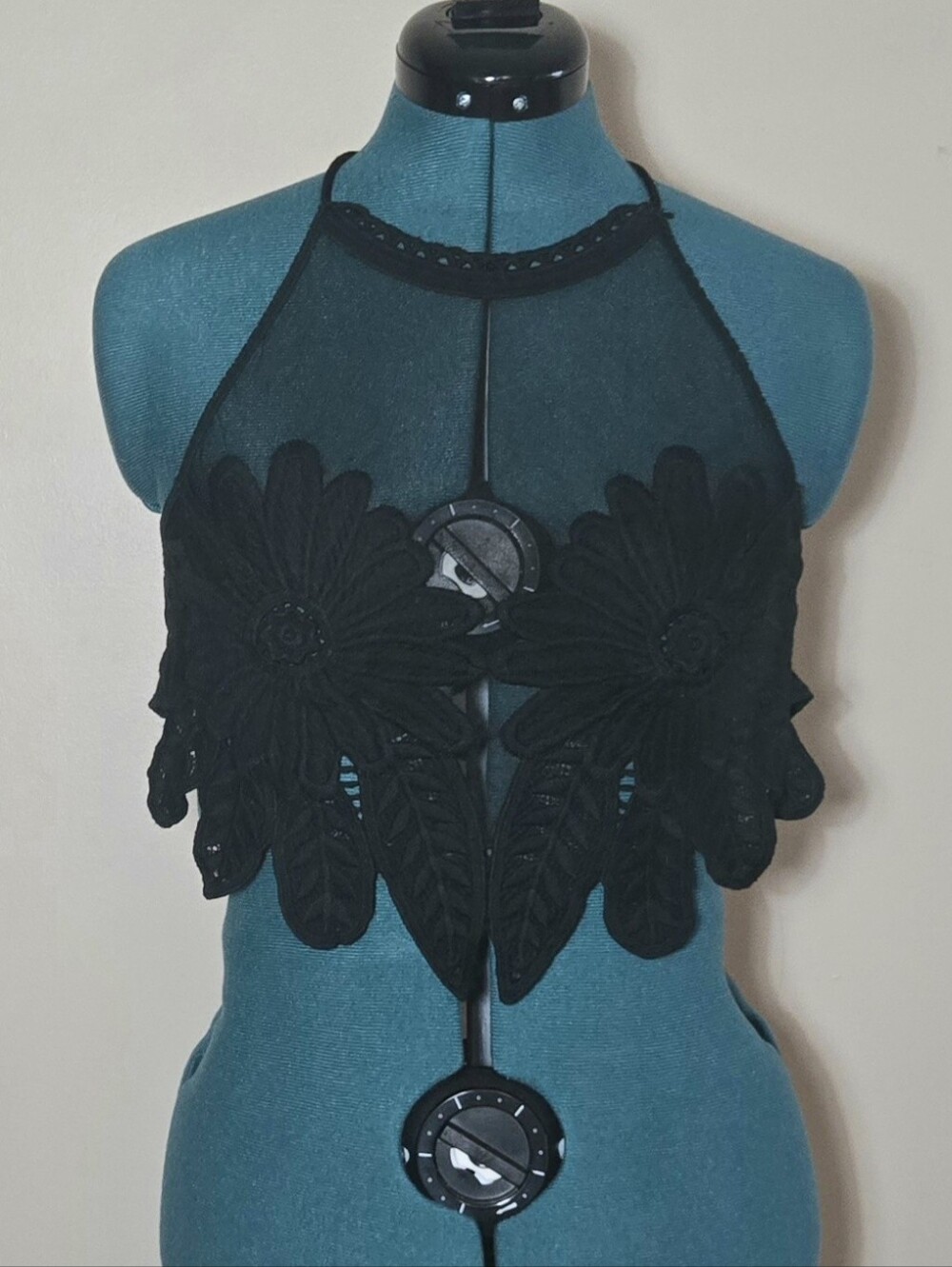 Black Mesh Floral Embroidered Halter Crop Top M/L Whimsigoth x Fairy Grunge